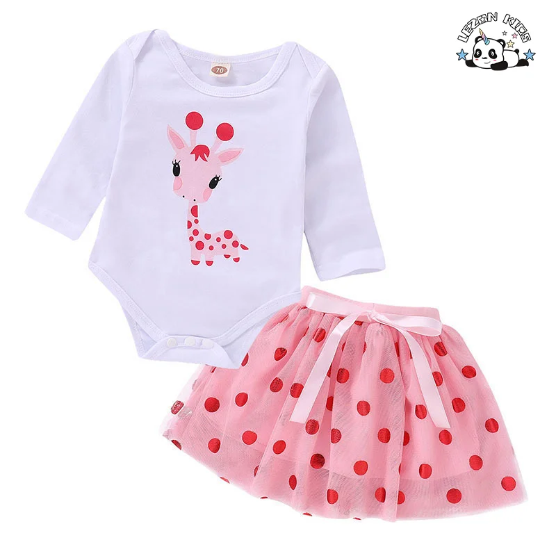 LEZONKIDS - Children Skirt New Girls pink Cute Deer Cartoon Dots Double Layer Gauze Poncho Skirt Suit Girl Clothing Set